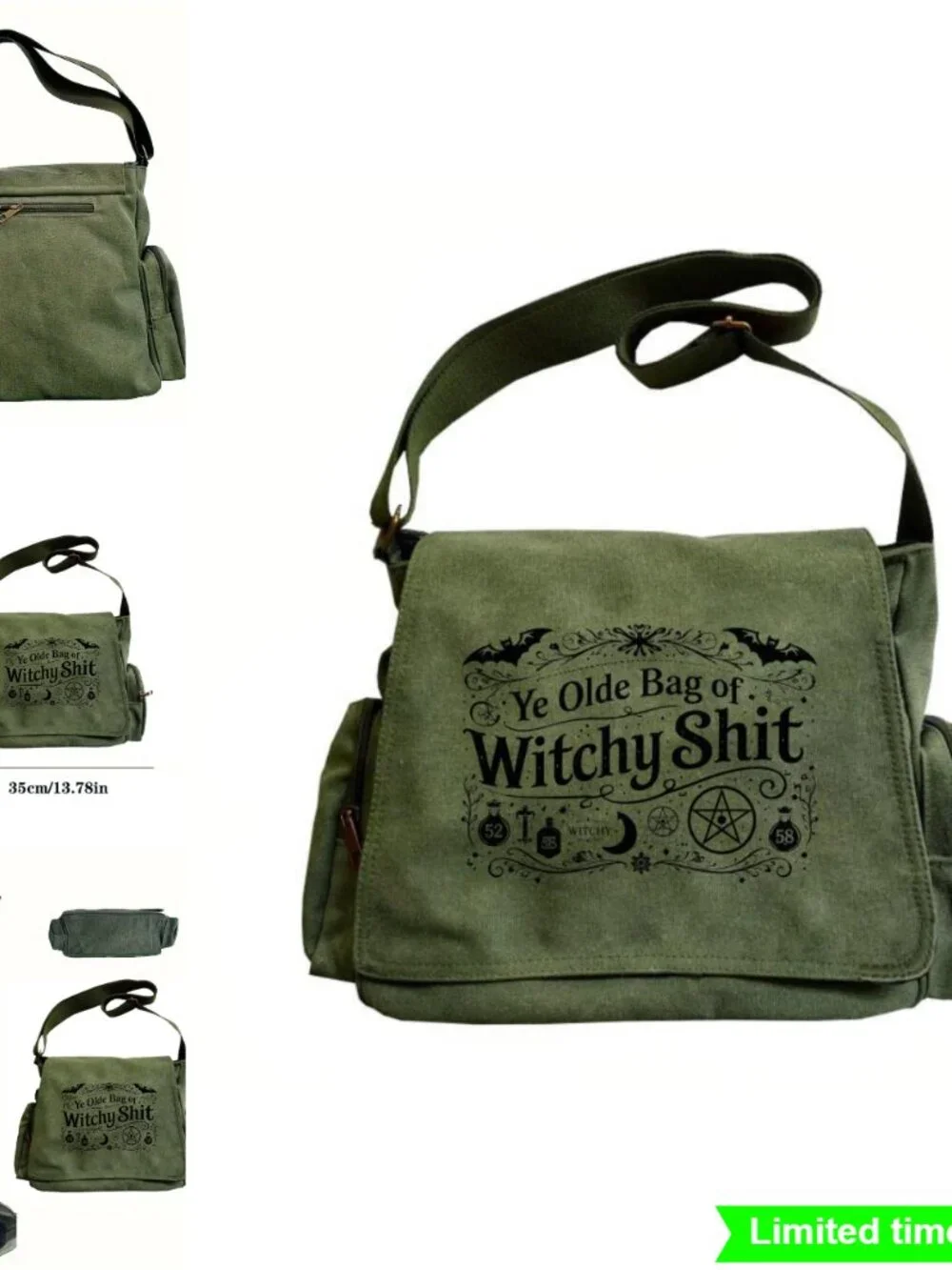 Messenger Bag Large Capacity Retro Tote with Bat and Pentagram Print